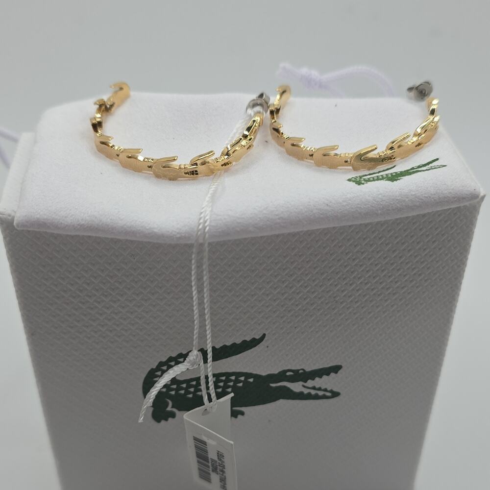Lacoste Alligator Logo Gold Tone Hoop Earrings Yellow Gold Plated Signed